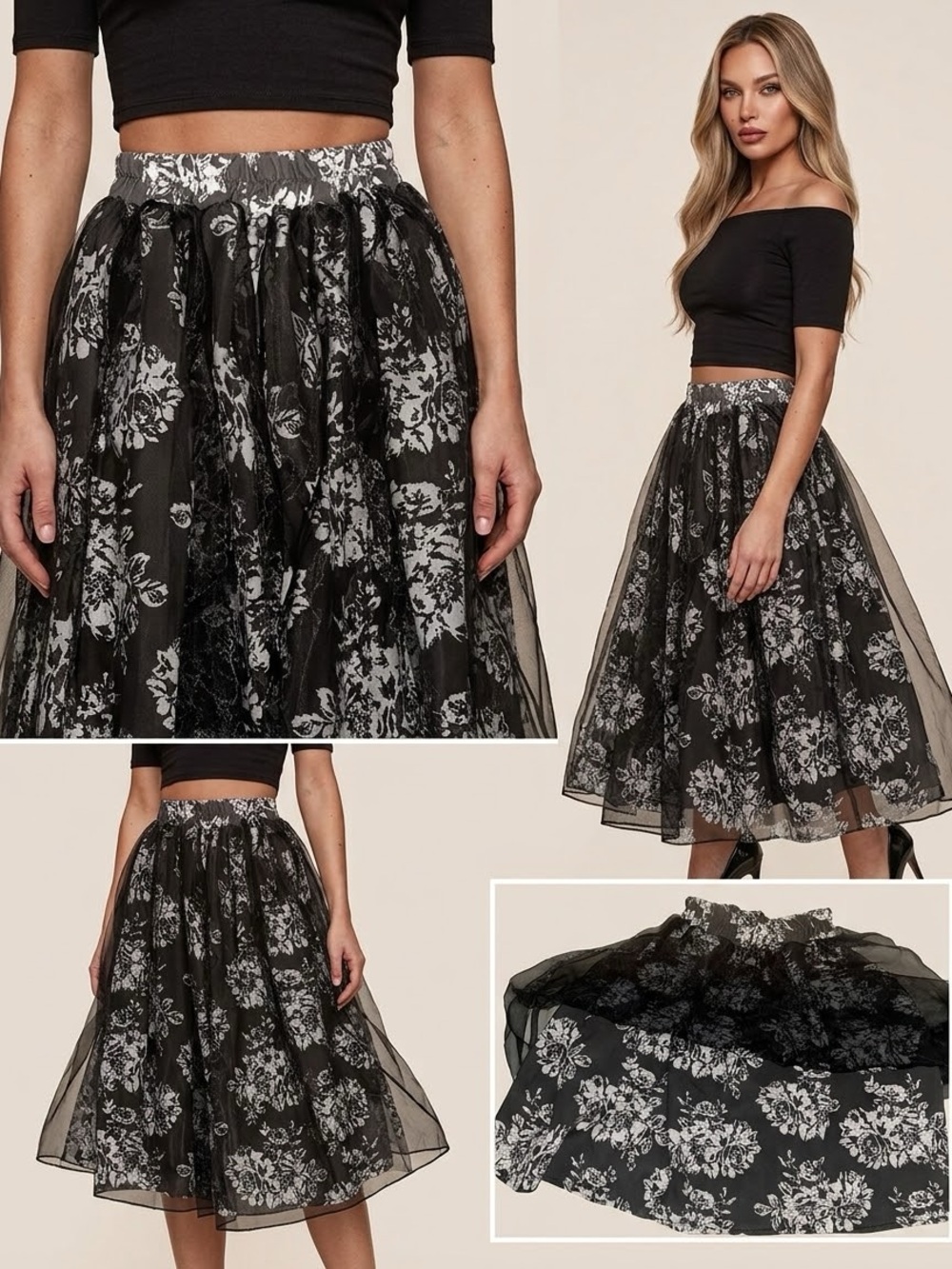Black Floral Midi Circle Skirt with Tulle Overlay